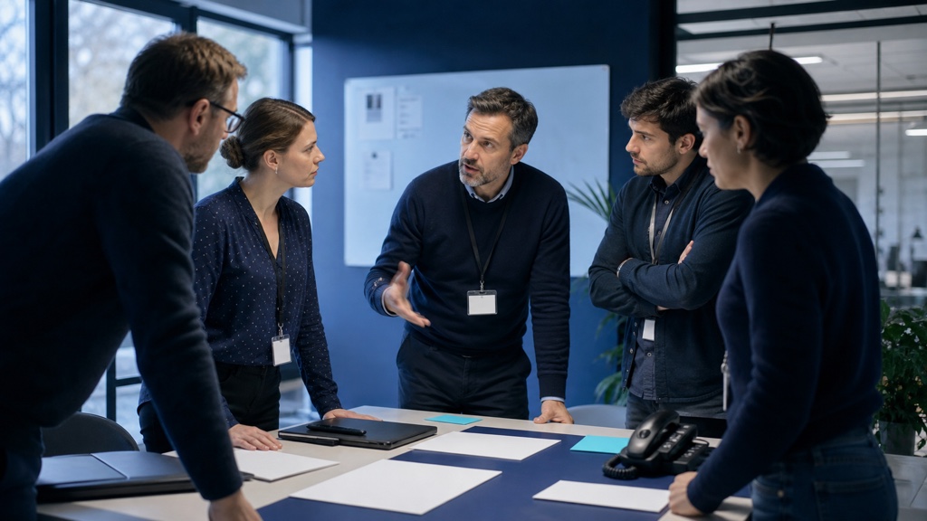 Équipe de PME organisant les premières décisions pendant un exercice cyber